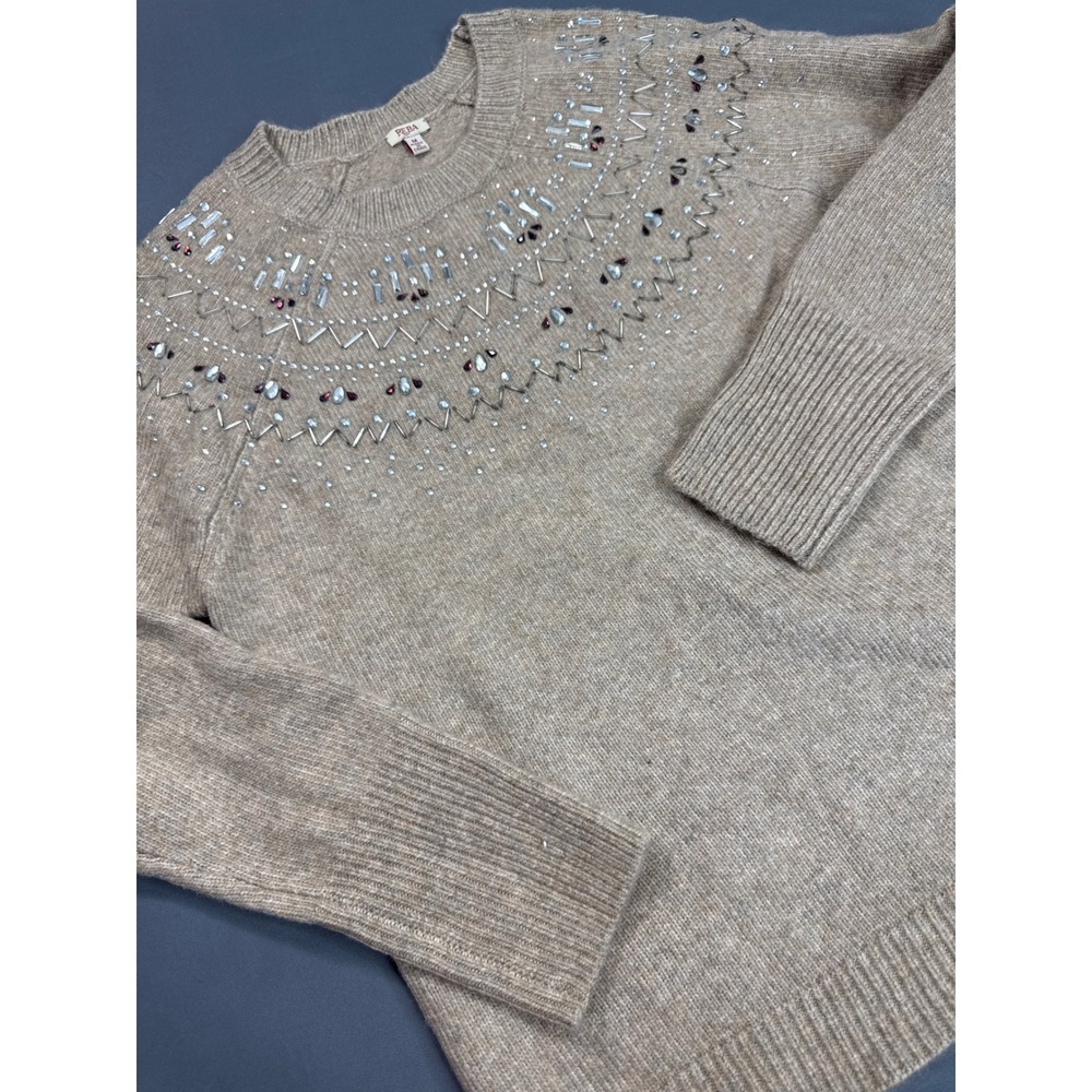 Reba Women Medium Beige Embellished Rhinestone Knit Sweater Oatmeal M